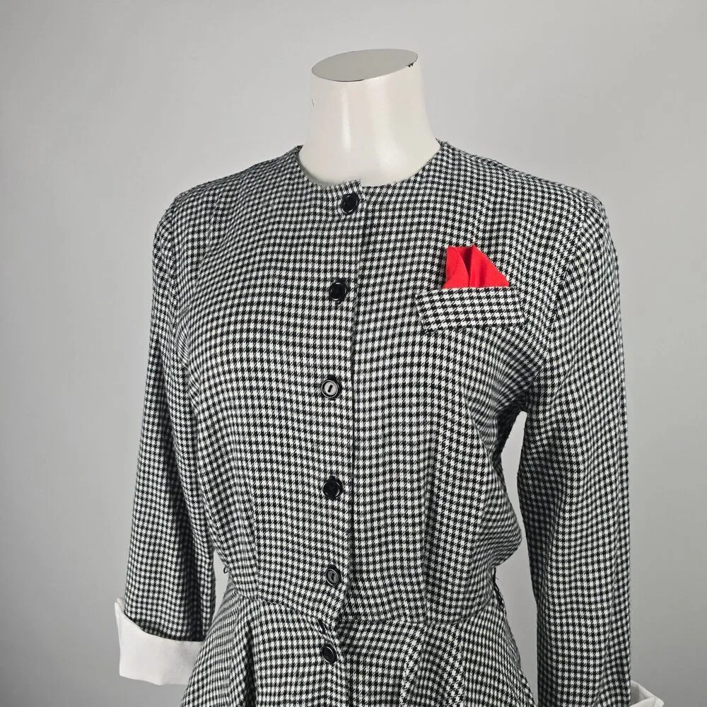 Vintage Algo Ettes Black Hounds Tooth Long Sleeve Button Up Midi Dress Size S/M - Picture 2 of 12